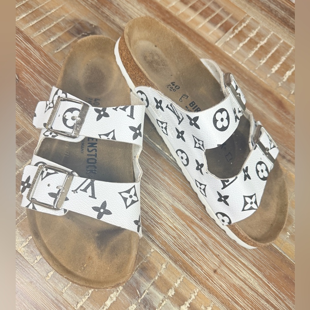 Birkenstock Custom White and Black Patterned Two-Strap Sandals - Picture 2 of 8